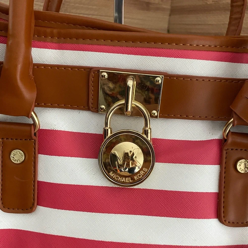 Michael Kors Hamilton Red/White Striped Canvas Leather Large Tote Purs